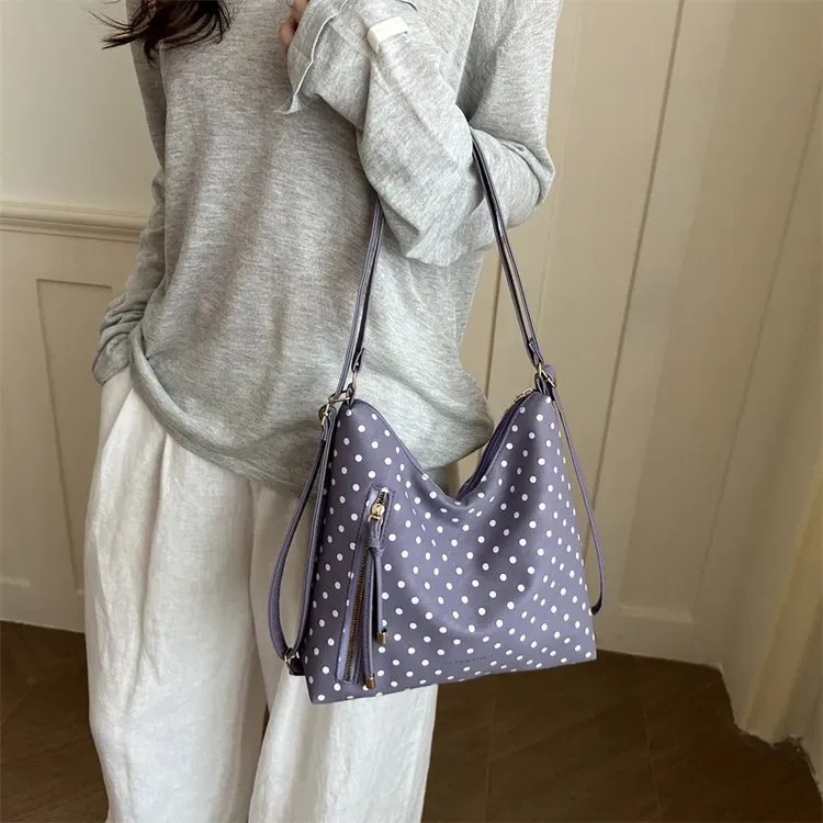 Tas Selempang Wanita Bahan Kanvas Motif Polkadot Warna Pink Model Hobo Tali Grosir Import