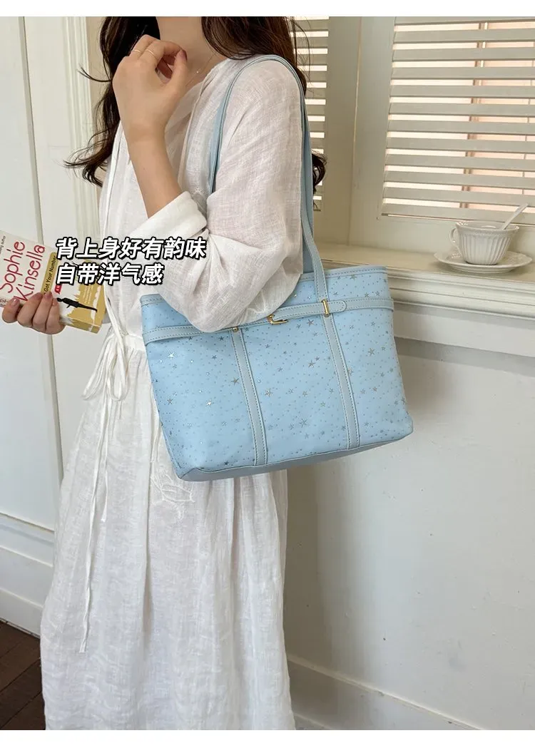 Tas Selempang Wanita Bahan Kain Motif Bintang Warna Biru Bentuk Kotak Tali Grosir Import
