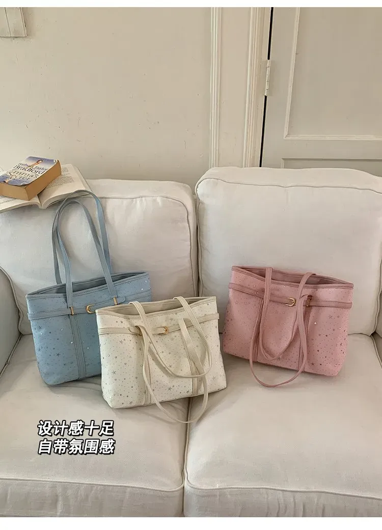 Tas Selempang Wanita Bahan Kain Motif Bintang Warna Biru Bentuk Kotak Tali Grosir Import