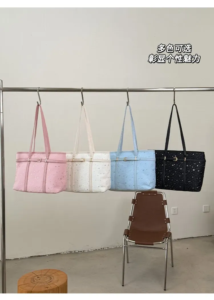 Tas Selempang Wanita Bahan Kain Motif Bintang Warna Biru Bentuk Kotak Tali Grosir Import
