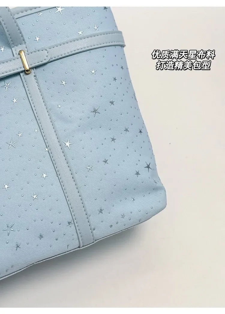 Tas Selempang Wanita Bahan Kain Motif Bintang Warna Biru Bentuk Kotak Tali Grosir Import