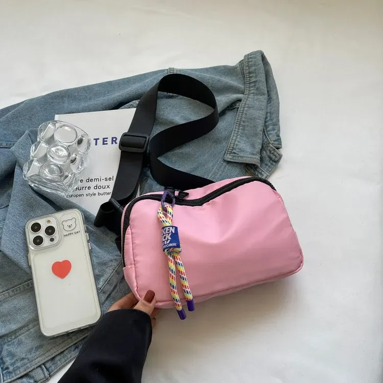 Tas Selempang Wanita Bahan Nylon Polos Warna Pink Bentuk Kotak Tali Panjang Pilihan Reseller