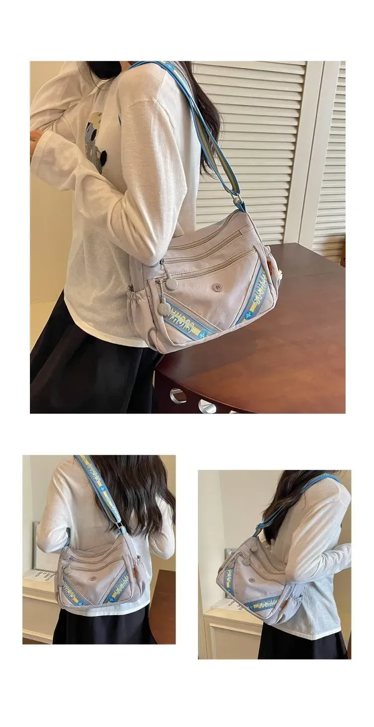 Tas Selempang Wanita Bahan Nylon Motif Print Warna Putih Bentuk Kotak Tali Grosir Import
