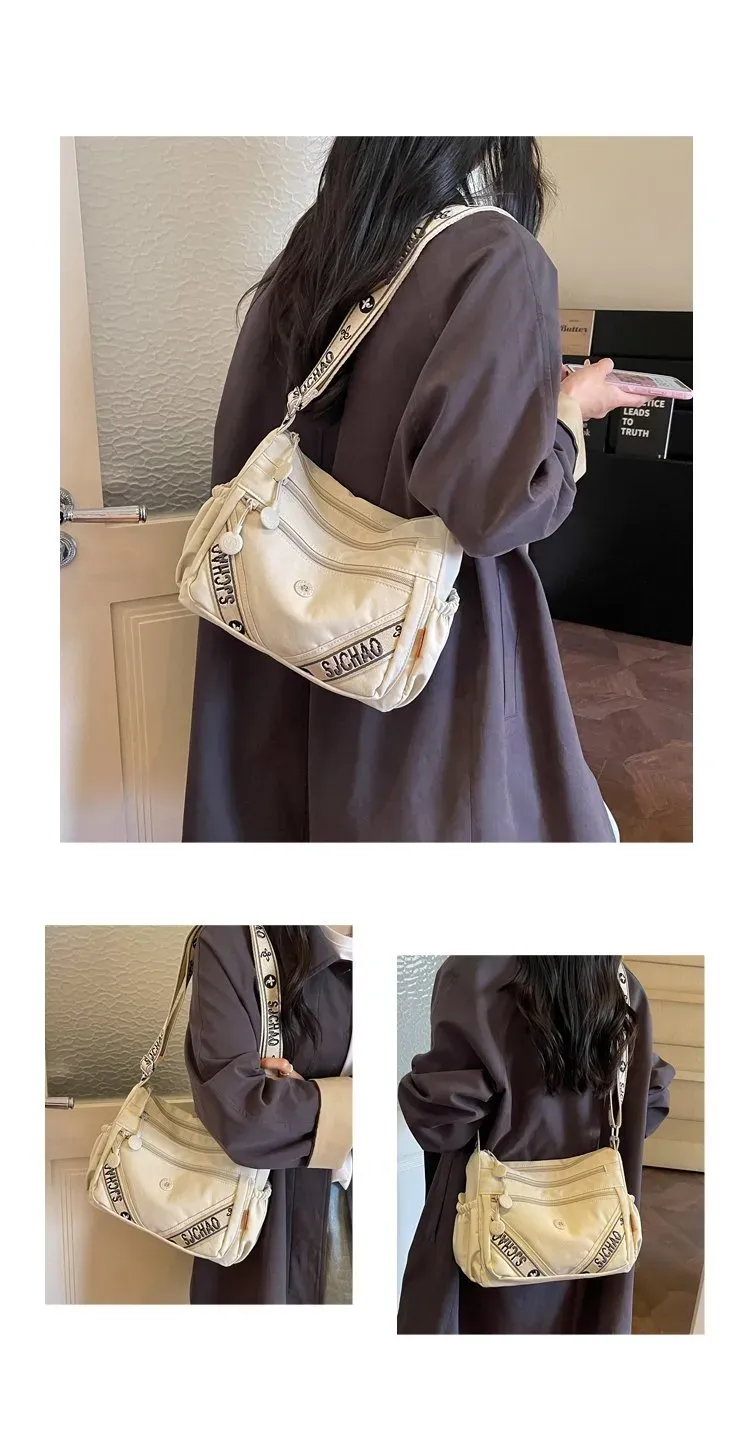Tas Selempang Wanita Bahan Nylon Motif Print Warna Putih Bentuk Kotak Tali Grosir Import