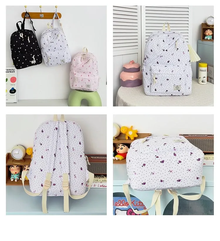 Tas Ransel Wanita Bahan Nylon Motif Floral Warna Putih Bentuk Kotak Tali Lebar Grosir Import