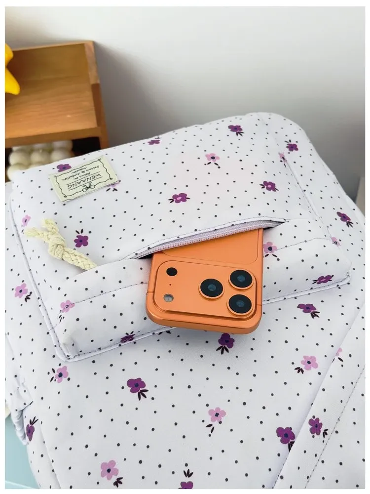 Tas Ransel Wanita Bahan Nylon Motif Floral Warna Putih Bentuk Kotak Tali Lebar Grosir Import
