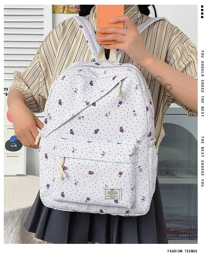 Tas Ransel Wanita Bahan Nylon Motif Floral Warna Putih Bentuk Kotak Tali Lebar Grosir Import