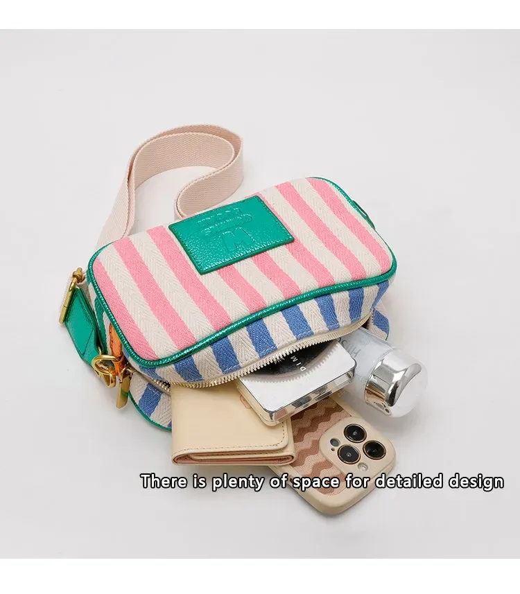 Tas Selempang Wanita Bahan PU Sintetis Motif Garis Warna Putih Bentuk Kotak Tali Grosir Import