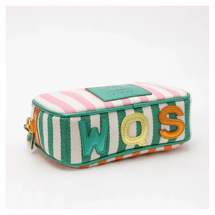 Tas Selempang Wanita Bahan PU Sintetis Motif Garis Warna Putih Bentuk Kotak Tali Grosir Import