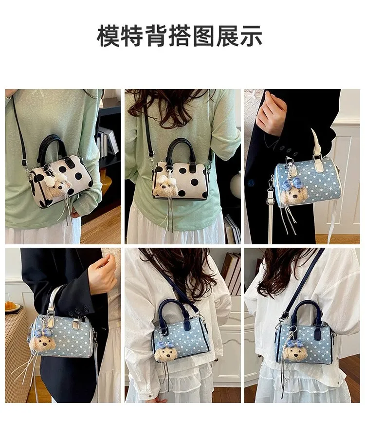 Tas Selempang Wanita Bahan PU Sintetis Motif Polkadot Warna Hitam Bentuk Kotak Resleting