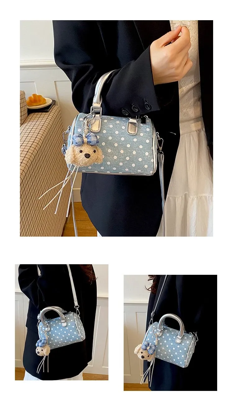 Tas Selempang Wanita Bahan PU Sintetis Motif Polkadot Warna Hitam Bentuk Kotak Resleting