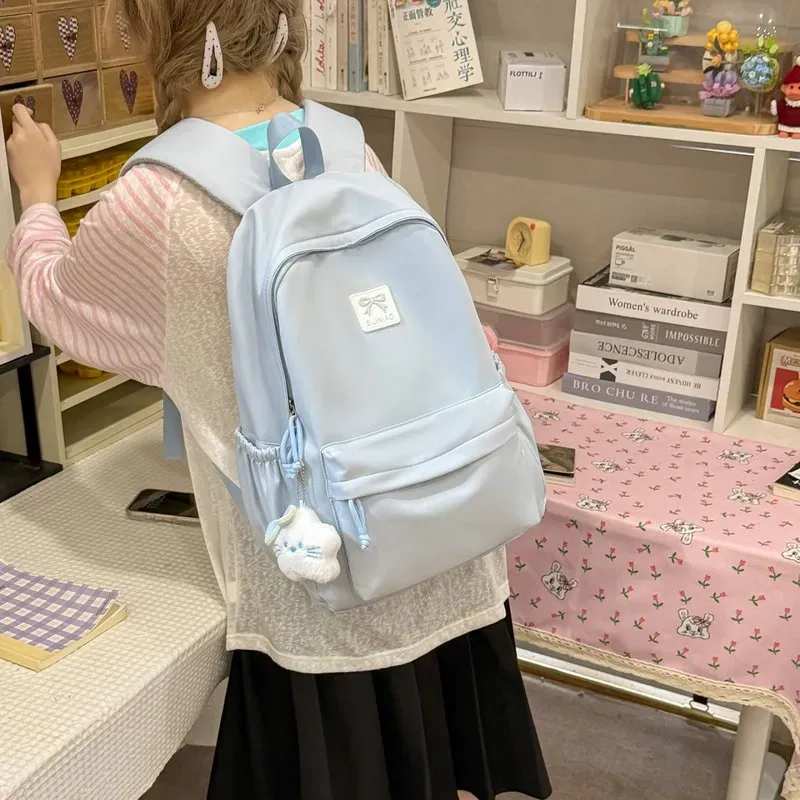 Tas Ransel Wanita Bahan Nylon Polos Warna Pink Bentuk Kotak Tali Lebar Resleting