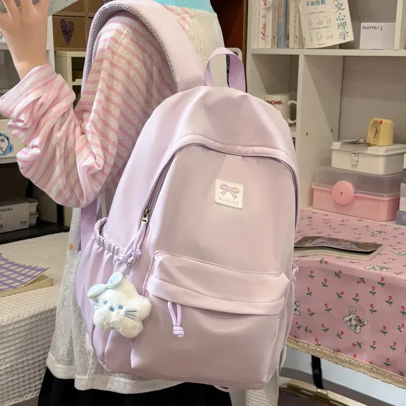 Tas Ransel Wanita Bahan Nylon Polos Warna Pink Bentuk Kotak Tali Lebar Resleting