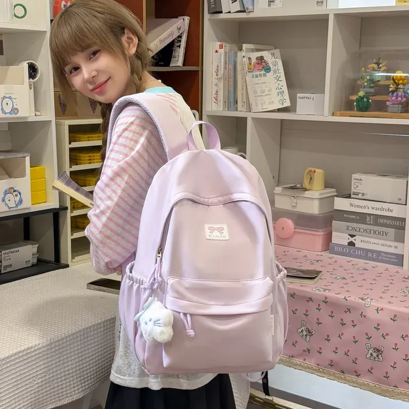 Tas Ransel Wanita Bahan Nylon Polos Warna Pink Bentuk Kotak Tali Lebar Resleting