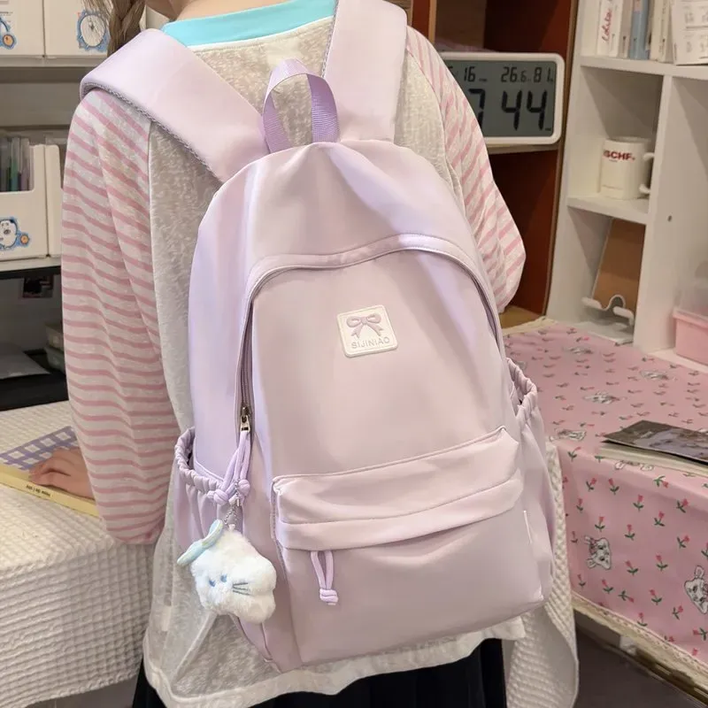 Tas Ransel Wanita Bahan Nylon Polos Warna Pink Bentuk Kotak Tali Lebar Resleting