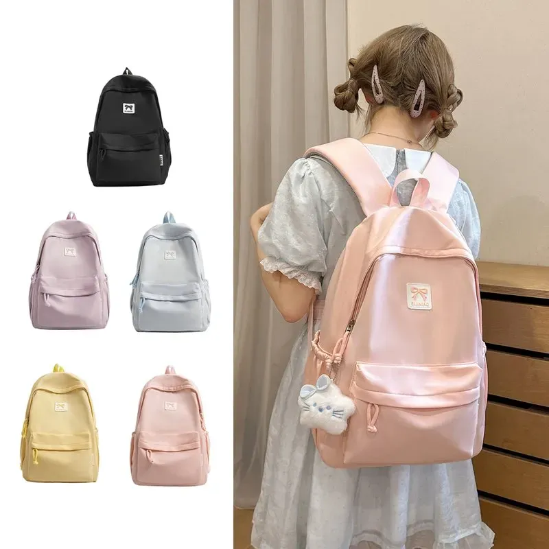 Tas Ransel Wanita Bahan Nylon Polos Warna Pink Bentuk Kotak Tali Lebar Resleting