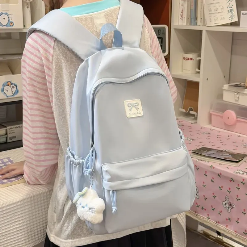 Tas Ransel Wanita Bahan Nylon Polos Warna Pink Bentuk Kotak Tali Lebar Resleting