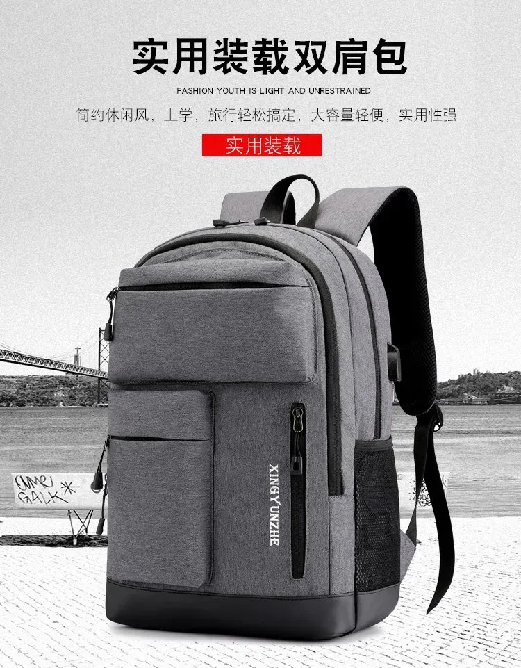 Tas Ransel Pria Bahan Oxford Polos Warna Abu-Abu Bentuk Kotak Tali Lebar Grosir Import