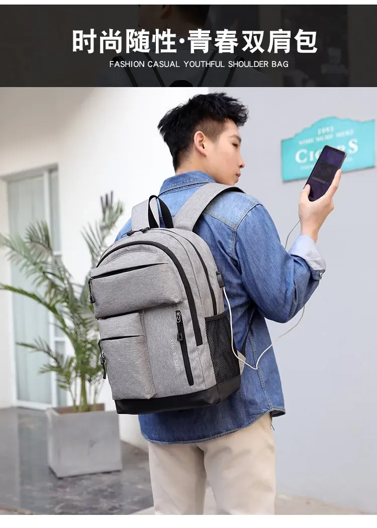 Tas Ransel Pria Bahan Oxford Polos Warna Abu-Abu Bentuk Kotak Tali Lebar Grosir Import