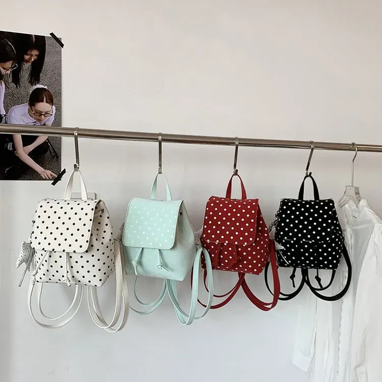 Tas Ransel Wanita Bahan PU Sintetis Motif Polkadot Warna Hitam Bentuk Kotak Tali Grosir Import