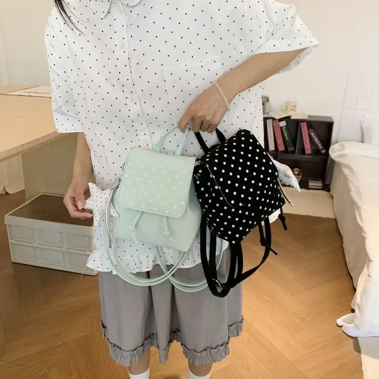 Tas Ransel Wanita Bahan PU Sintetis Motif Polkadot Warna Hitam Bentuk Kotak Tali Grosir Import