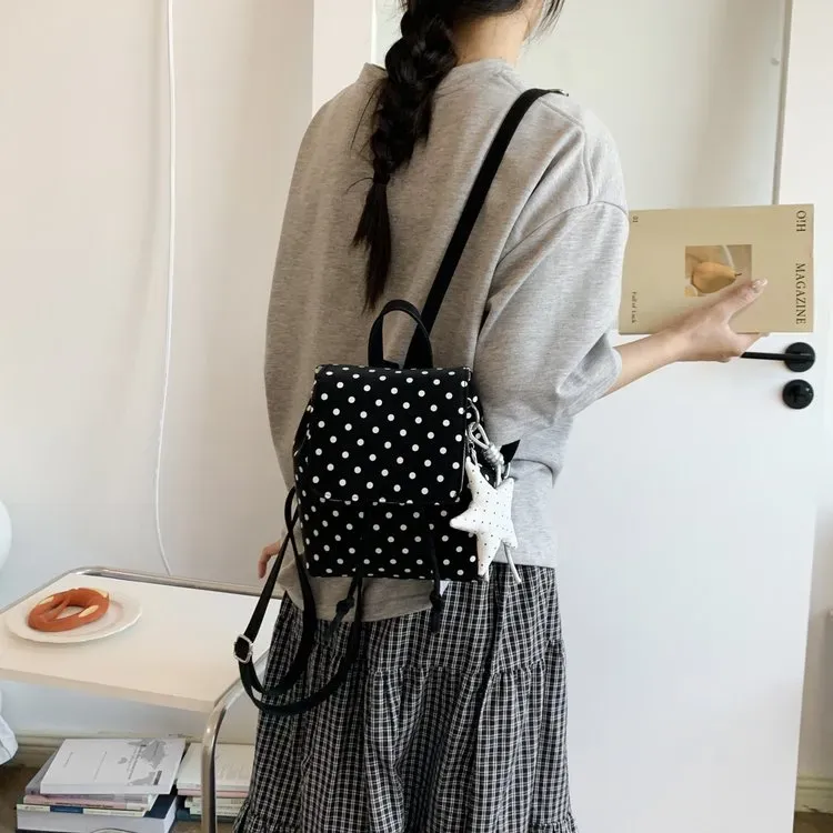 Tas Ransel Wanita Bahan PU Sintetis Motif Polkadot Warna Hitam Bentuk Kotak Tali Grosir Import