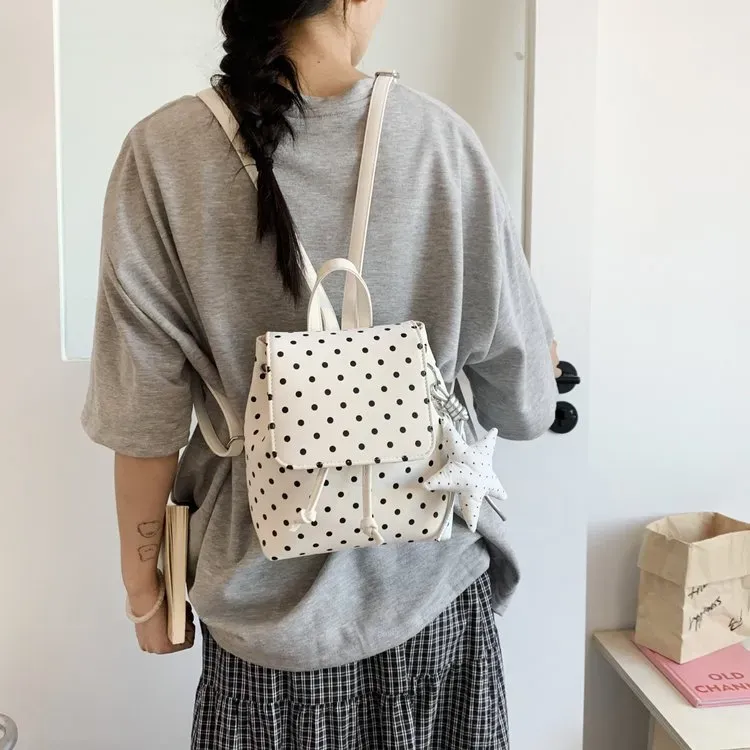 Tas Ransel Wanita Bahan PU Sintetis Motif Polkadot Warna Hitam Bentuk Kotak Tali Grosir Import