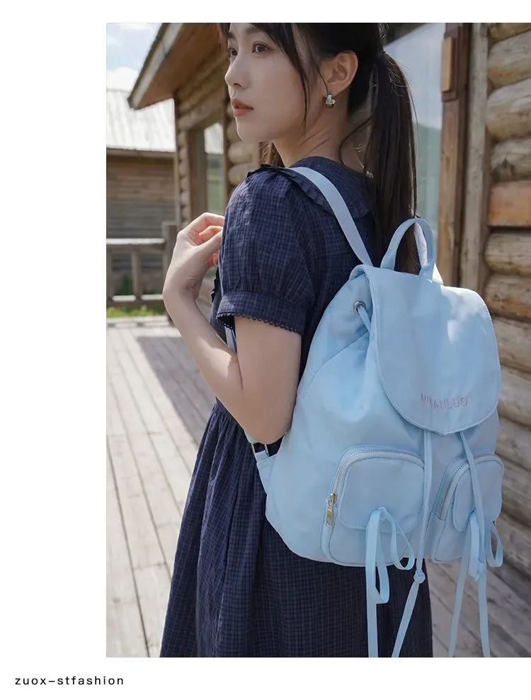 Tas Ransel Wanita Bahan Nylon Polos Warna Putih Bentuk Kotak Tali Lebar Motif Print Grosir