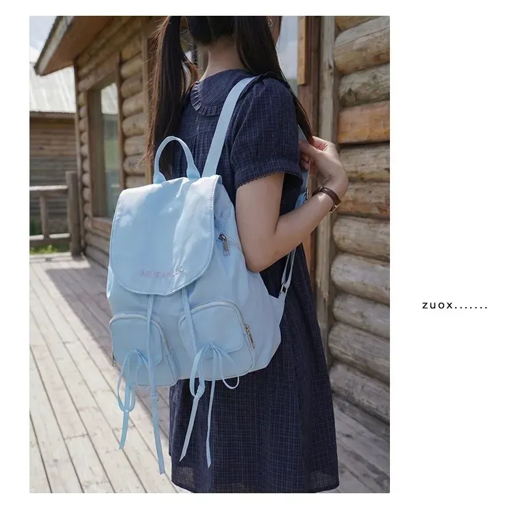Tas Ransel Wanita Bahan Nylon Polos Warna Putih Bentuk Kotak Tali Lebar Motif Print Grosir
