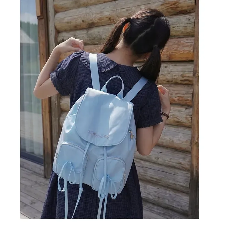 Tas Ransel Wanita Bahan Nylon Polos Warna Putih Bentuk Kotak Tali Lebar Motif Print Grosir