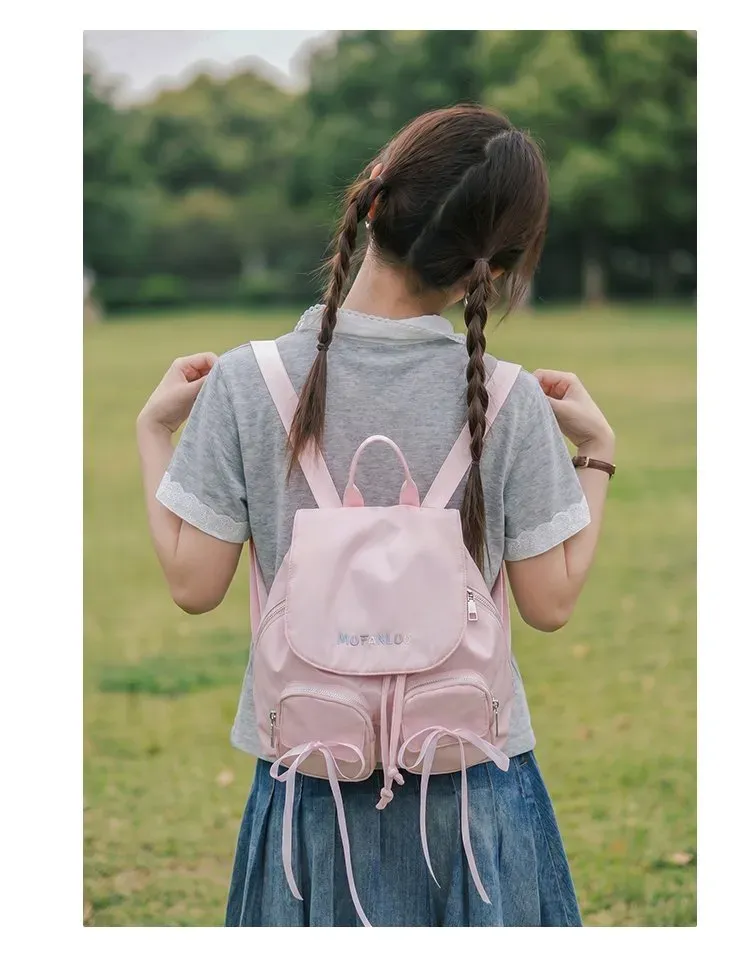 Tas Ransel Wanita Bahan Nylon Polos Warna Putih Bentuk Kotak Tali Lebar Motif Print Grosir