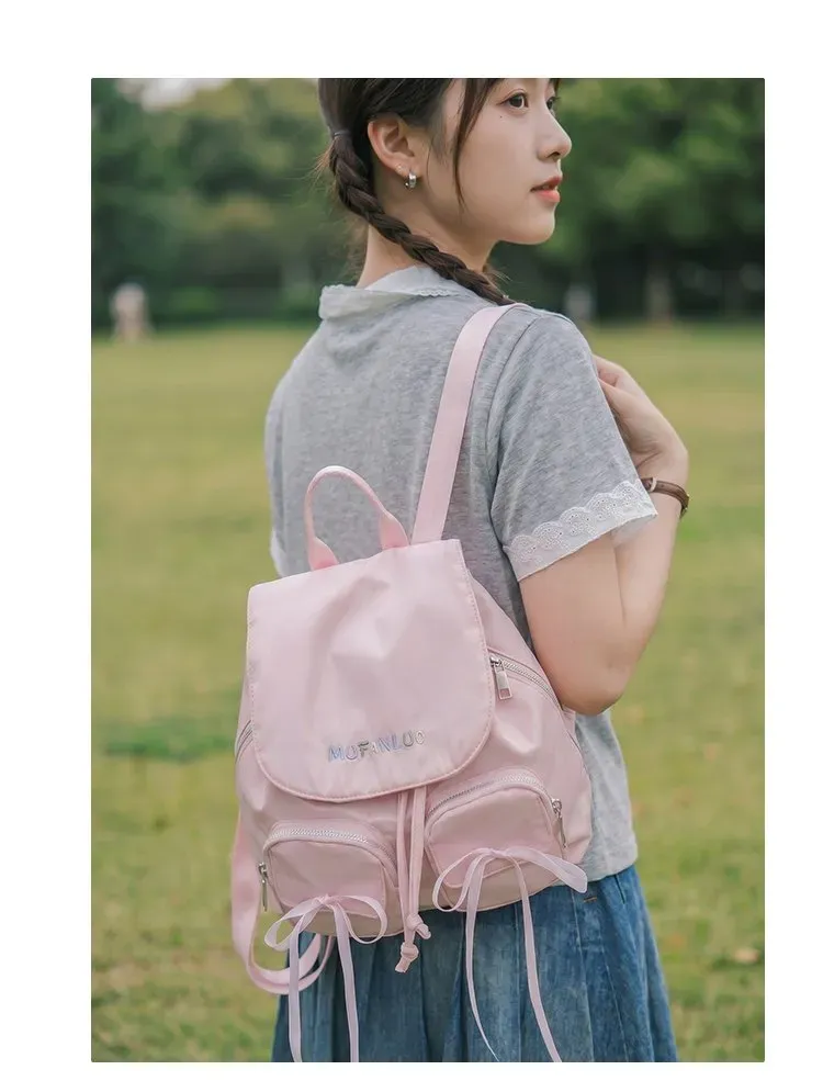 Tas Ransel Wanita Bahan Nylon Polos Warna Putih Bentuk Kotak Tali Lebar Motif Print Grosir
