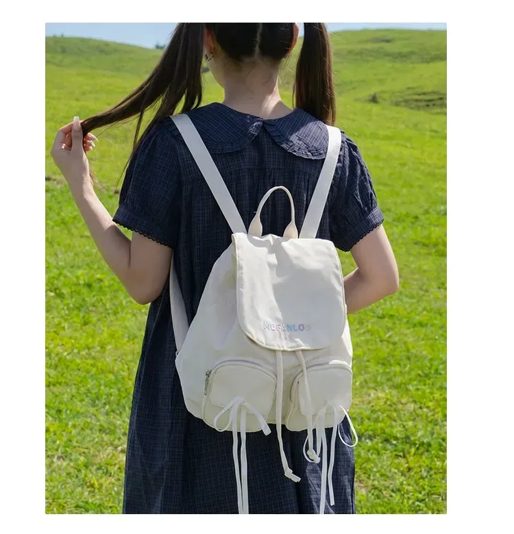 Tas Ransel Wanita Bahan Nylon Polos Warna Putih Bentuk Kotak Tali Lebar Motif Print Grosir