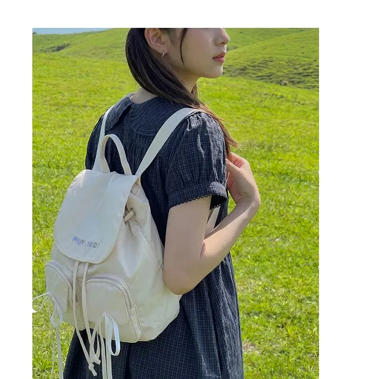 Tas Ransel Wanita Bahan Nylon Polos Warna Putih Bentuk Kotak Tali Lebar Motif Print Grosir