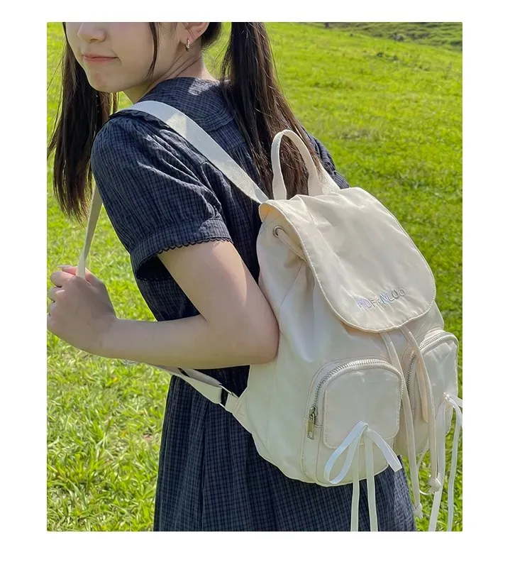 Tas Ransel Wanita Bahan Nylon Polos Warna Putih Bentuk Kotak Tali Lebar Motif Print Grosir