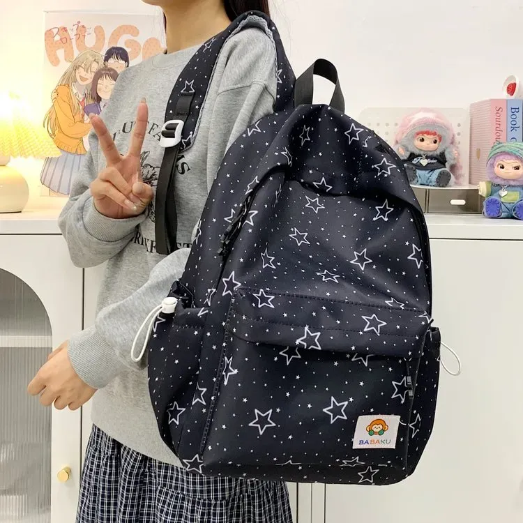 Tas Ransel Wanita Bahan Kain Motif Print Warna Hitam Bentuk Kotak Tali Lebar Grosir Import