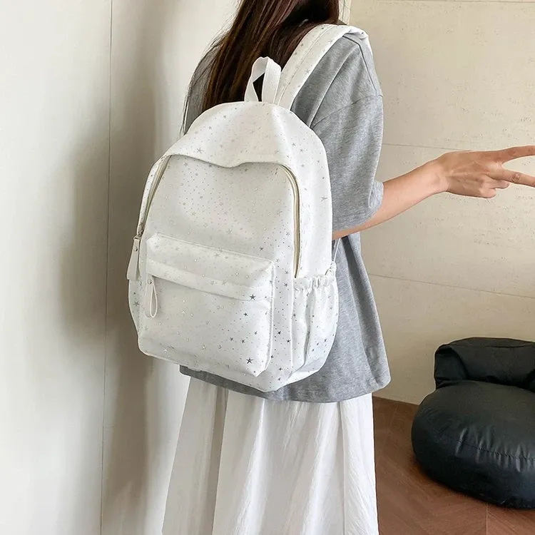 Tas Ransel Wanita Bahan Kanvas Motif Print Warna Putih Bentuk Kotak Tali Lebar Grosir Import