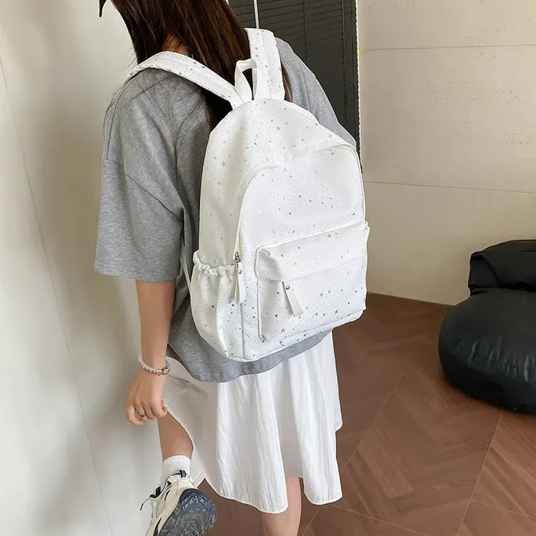 Tas Ransel Wanita Bahan Kanvas Motif Print Warna Putih Bentuk Kotak Tali Lebar Grosir Import