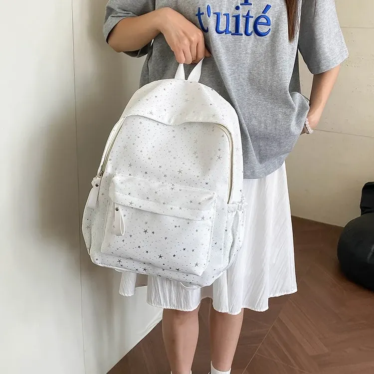 Tas Ransel Wanita Bahan Kanvas Motif Print Warna Putih Bentuk Kotak Tali Lebar Grosir Import