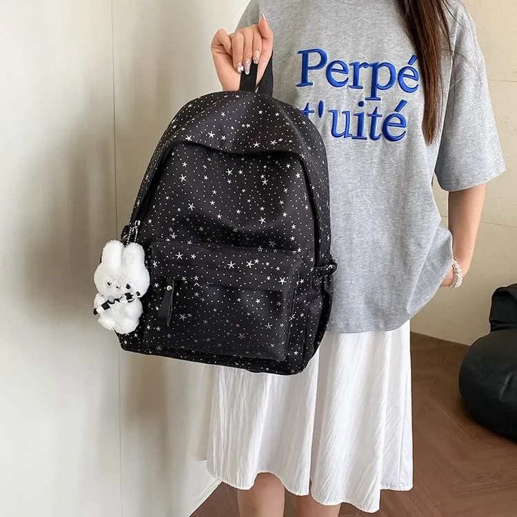 Tas Ransel Wanita Bahan Kanvas Motif Print Warna Putih Bentuk Kotak Tali Lebar Grosir Import