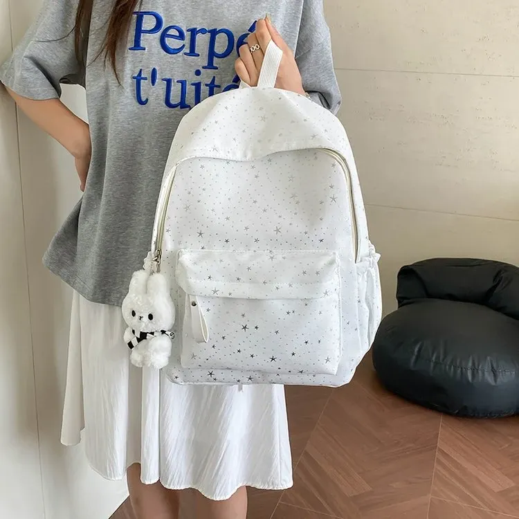 Tas Ransel Wanita Bahan Kanvas Motif Print Warna Putih Bentuk Kotak Tali Lebar Grosir Import