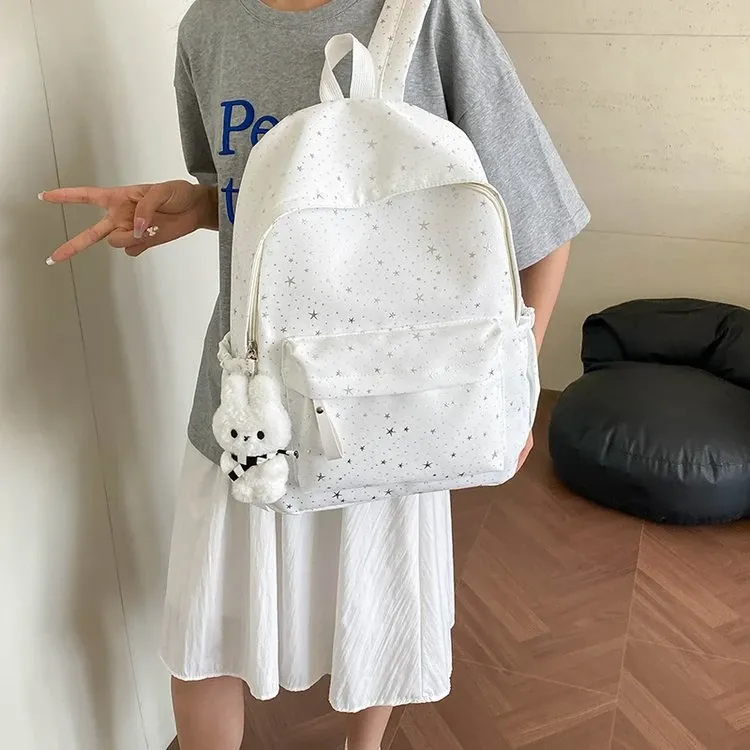 Tas Ransel Wanita Bahan Kanvas Motif Print Warna Putih Bentuk Kotak Tali Lebar Grosir Import