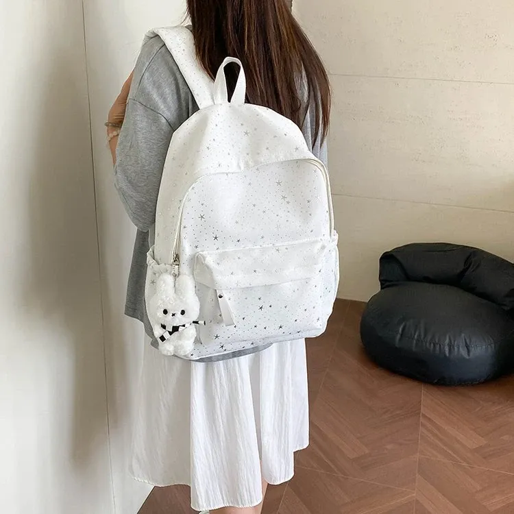 Tas Ransel Wanita Bahan Kanvas Motif Print Warna Putih Bentuk Kotak Tali Lebar Grosir Import