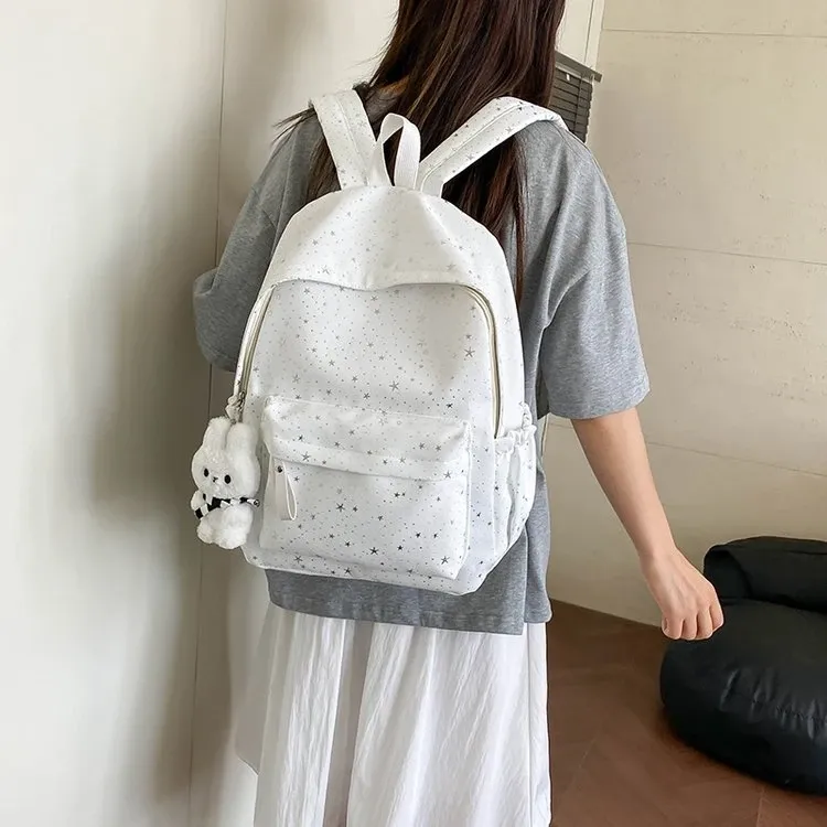 Tas Ransel Wanita Bahan Kanvas Motif Print Warna Putih Bentuk Kotak Tali Lebar Grosir Import