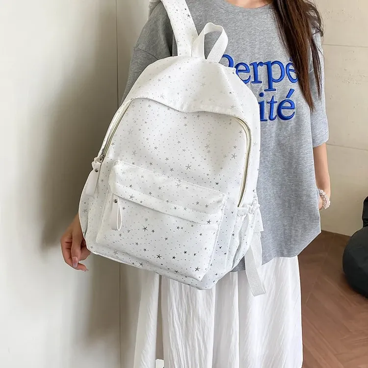 Tas Ransel Wanita Bahan Kanvas Motif Print Warna Putih Bentuk Kotak Tali Lebar Grosir Import