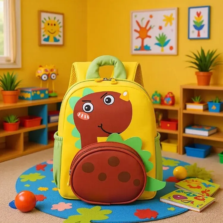 Tas Ransel Anak Bahan Kain Motif Dinosaurus Warna Hitam Bentuk Kotak Tali Lebar Grosir Import