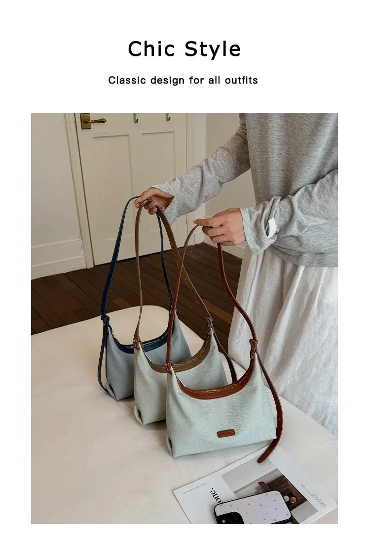 Tas Selempang Wanita Bahan PU Sintetis Polos Warna Biru Model Hobo Tali Panjang Resleting