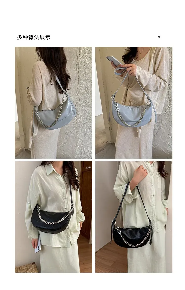 Tas Selempang Wanita Bahan PU Sintetis Polos Warna Hitam Bentuk Crescent Tali Mini Grosir