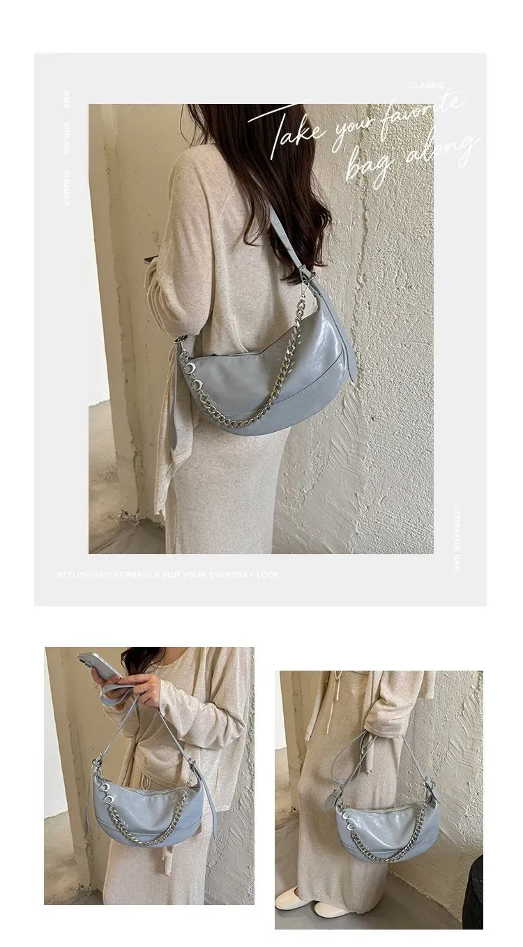Tas Selempang Wanita Bahan PU Sintetis Polos Warna Hitam Bentuk Crescent Tali Mini Grosir