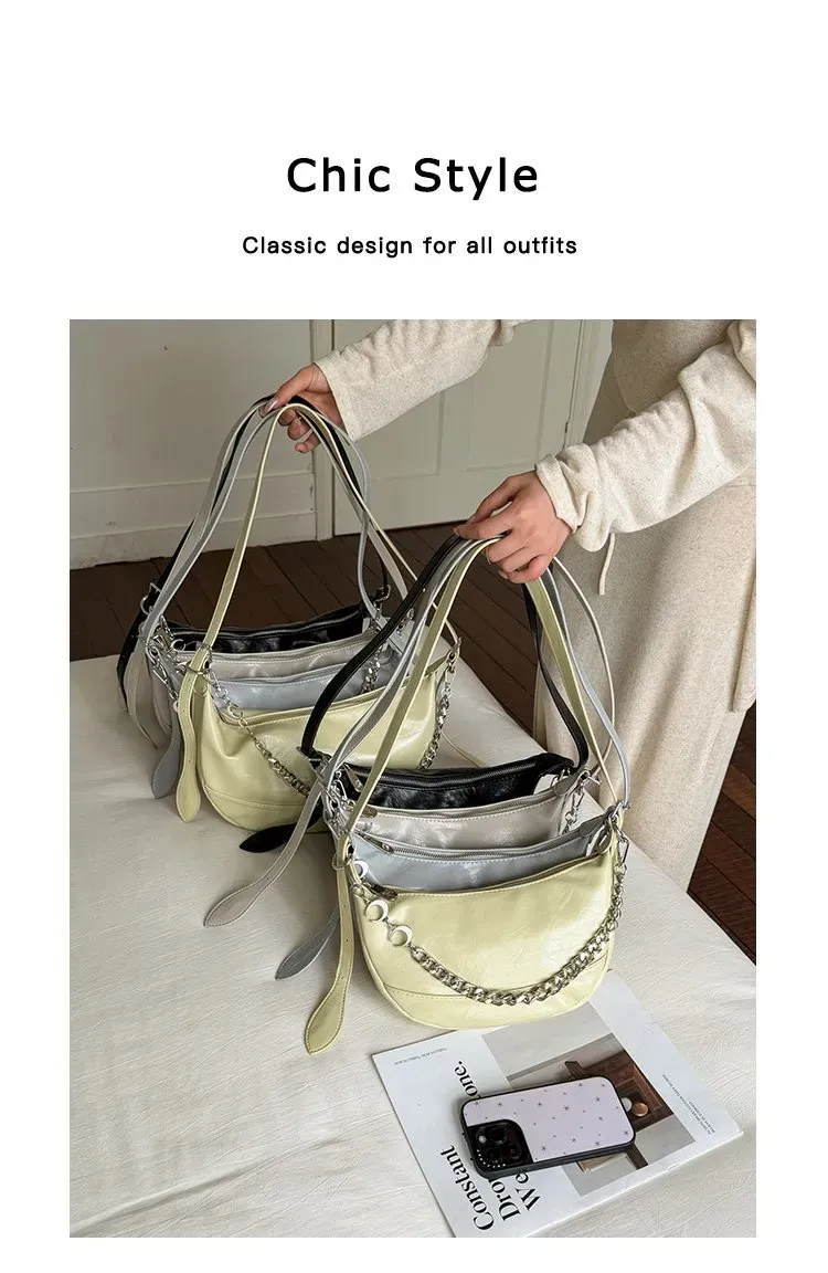 Tas Selempang Wanita Bahan PU Sintetis Polos Warna Hitam Bentuk Crescent Tali Mini Grosir